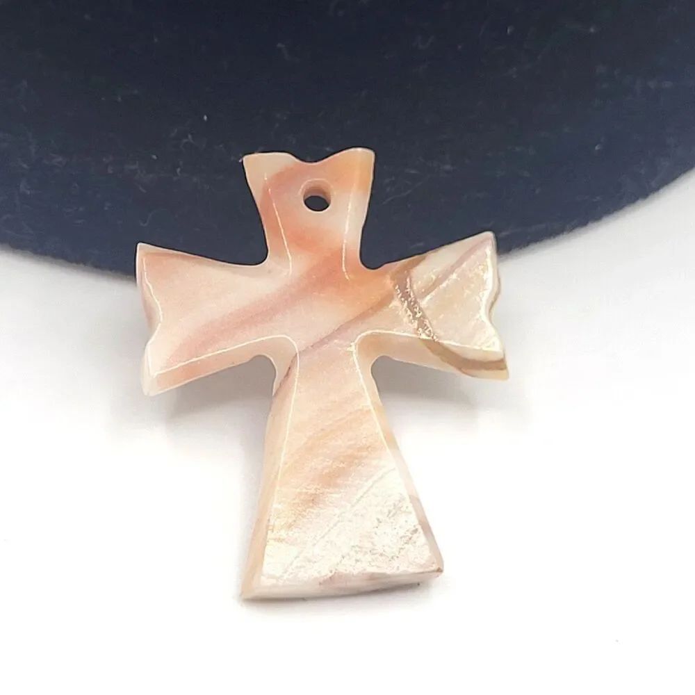 Artisan Carved Pink Striated Agate  Cross Pendant 1.5in